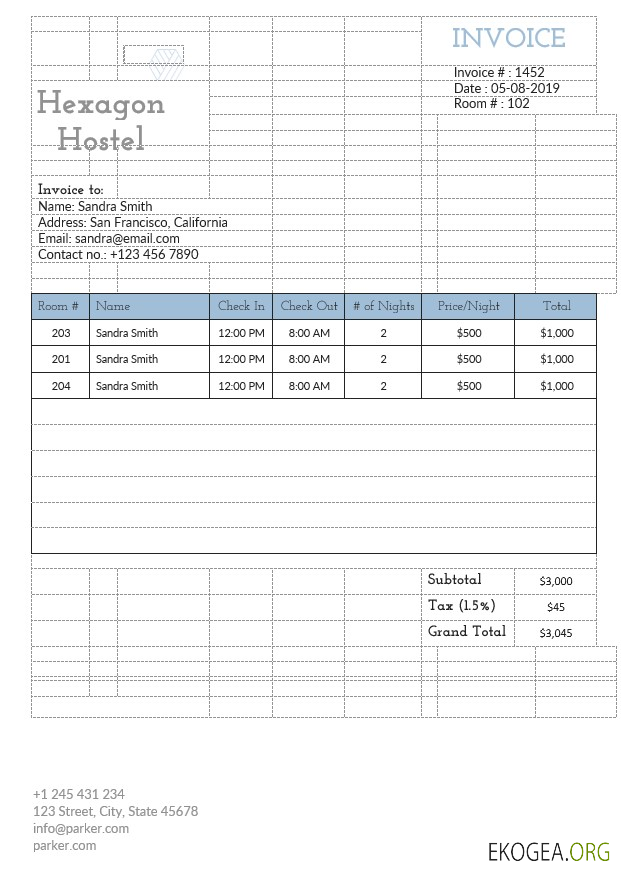 Modèle de facture d'auberge